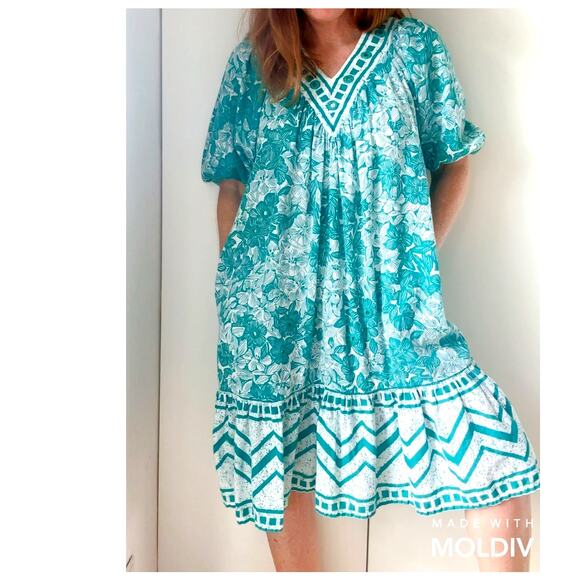 Vintage 80s Ramono Rull Classic Indi Print Summer Dress Size Small Turquoise Wht - Picture 1 of 12